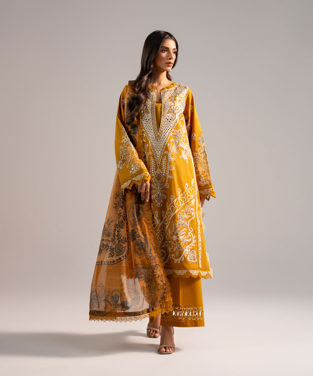 Women's RTW Lawn Embroidered Mustard Yellow 3 Piece Suit