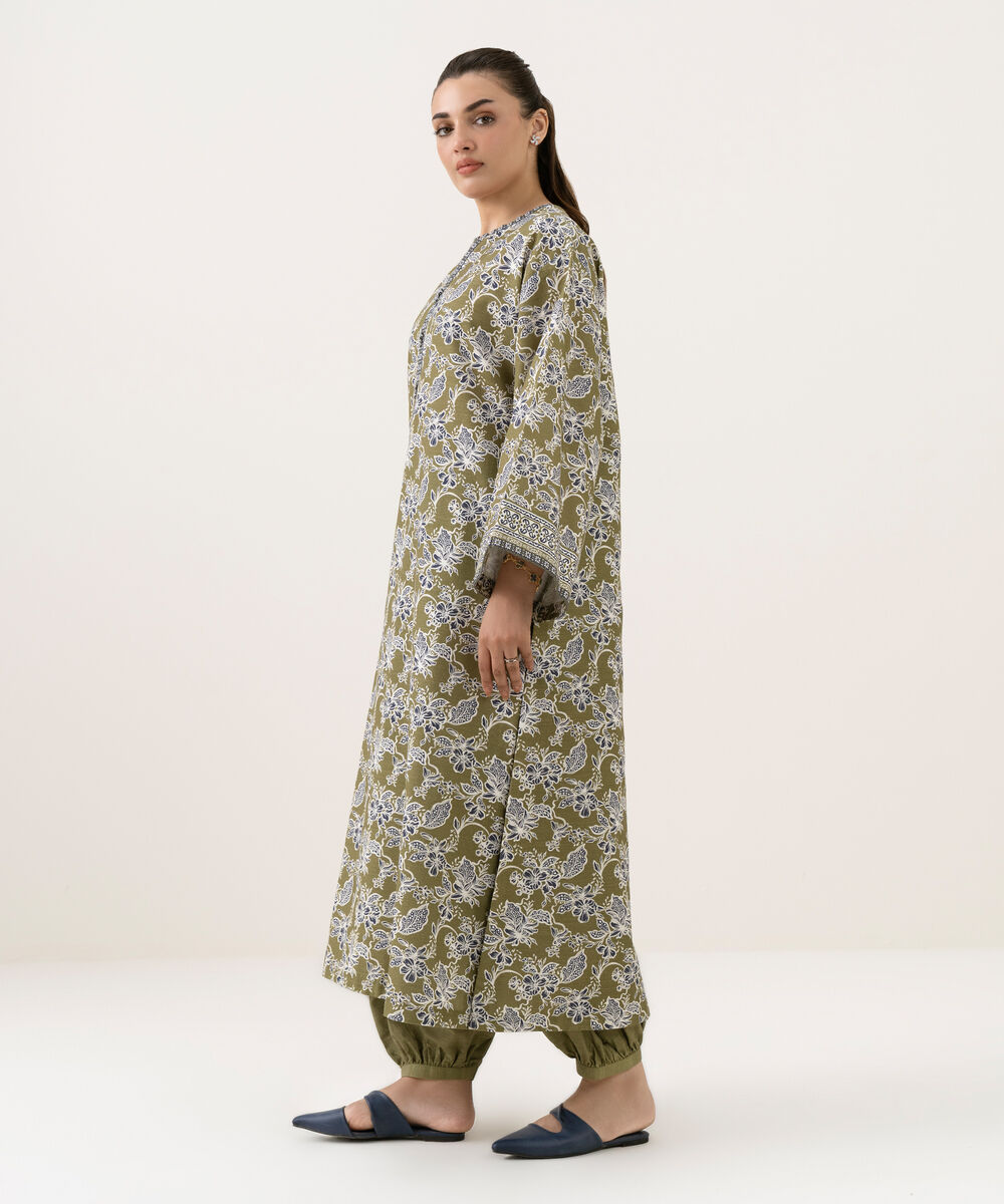 Women's Unstitched Khaddar Printed Green 2 Piece Suit