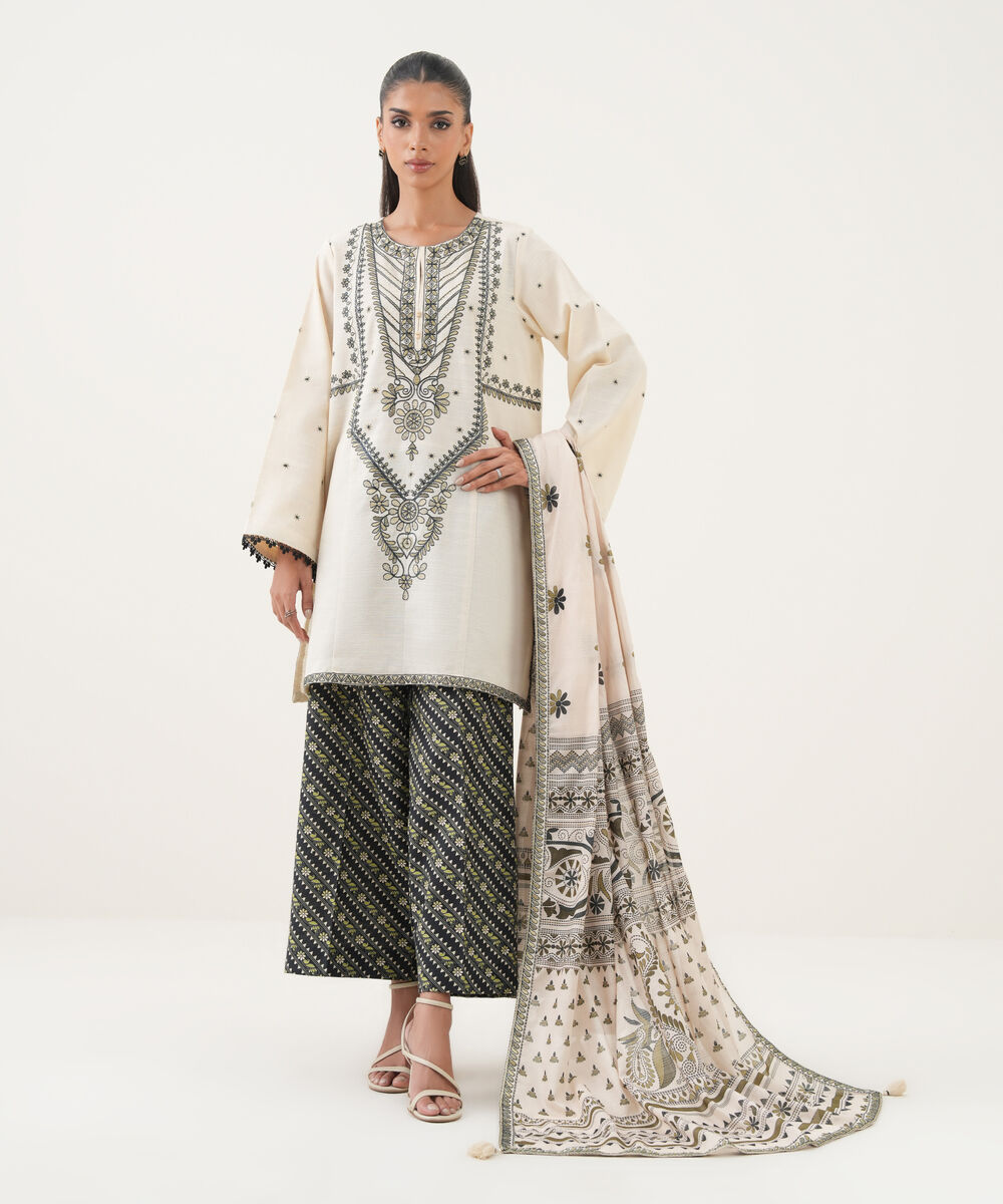 Textured Voile Embroidered Off White Dupatta