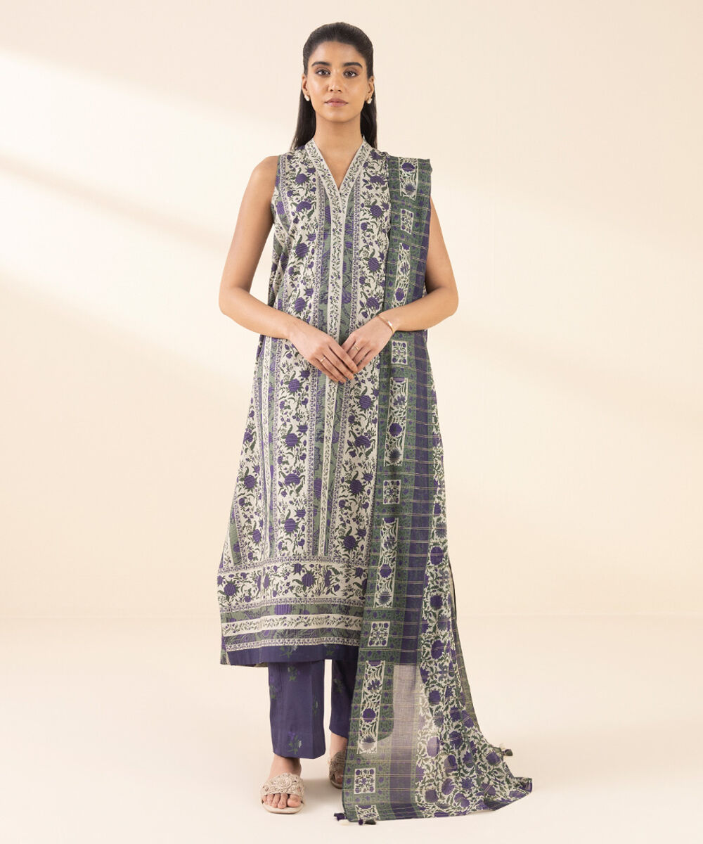 Unstitched Women's Off White Lawn Printed 3 Piece Suit