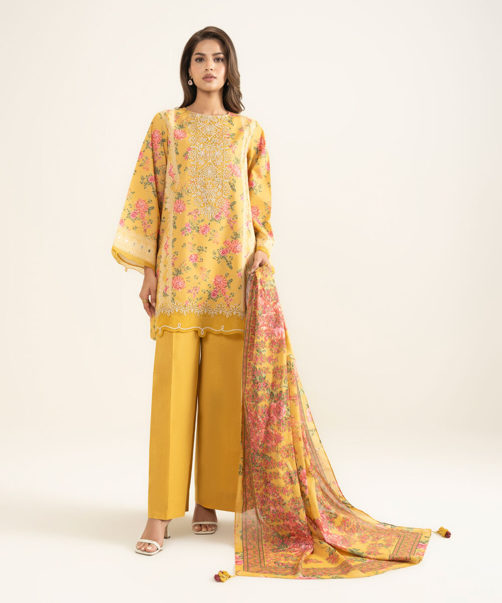 Women's Unstitched Lawn Embroidered Orange 3 Piece Suit