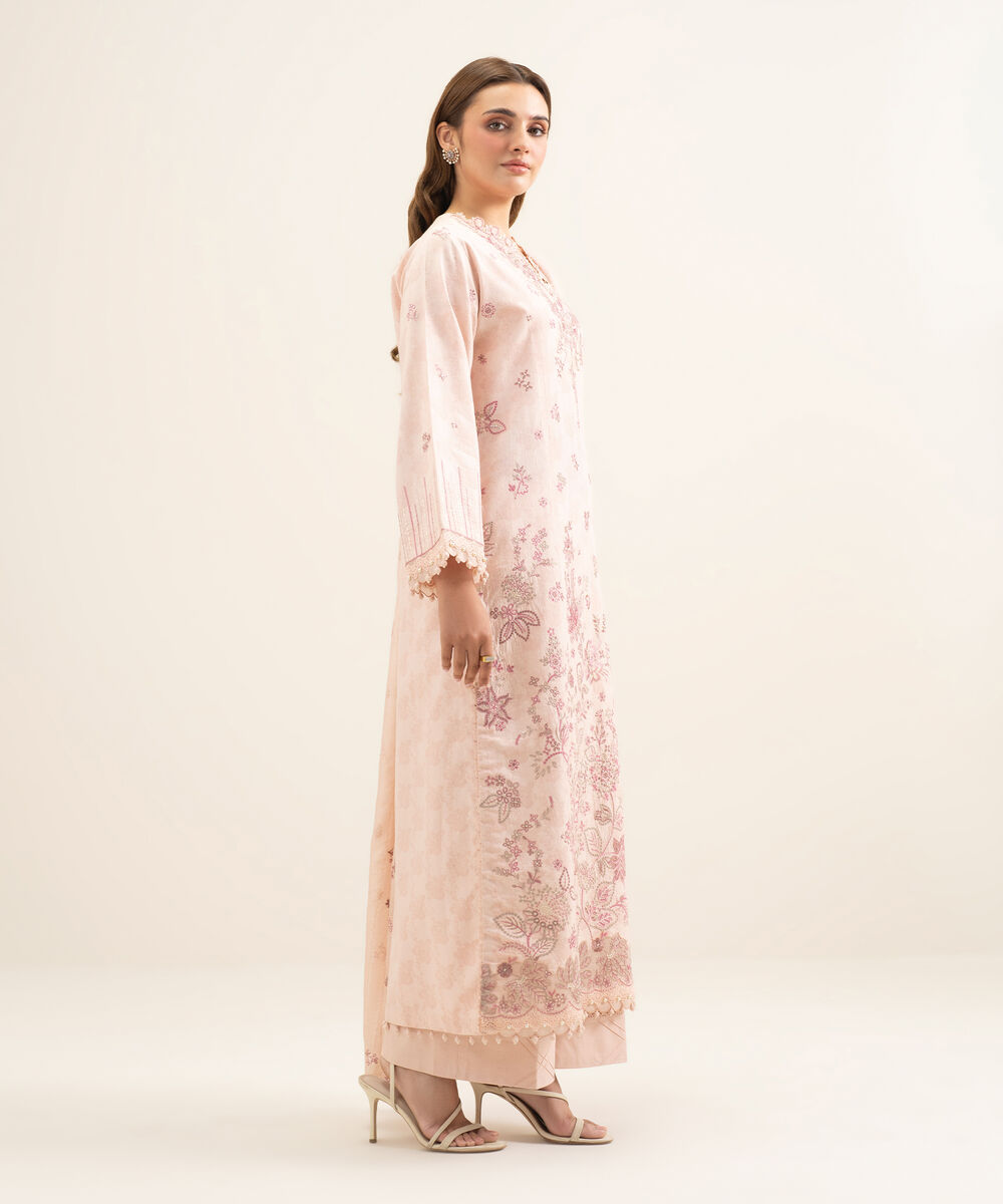 Women's Unstitched Cotton Jacquard Embroidered Pink 3 Piece Suit