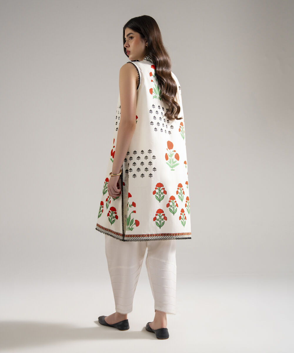 Women's RTW Slub Lawn Printed White Straight Shirt