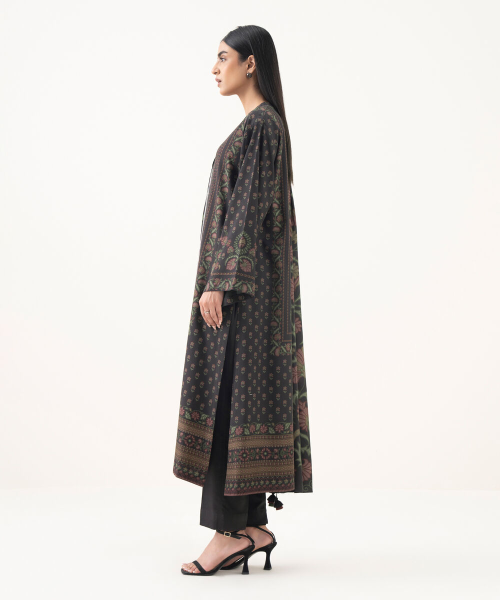 Women's Unstitched Linen Embroidered Brown 3 Piece Suit