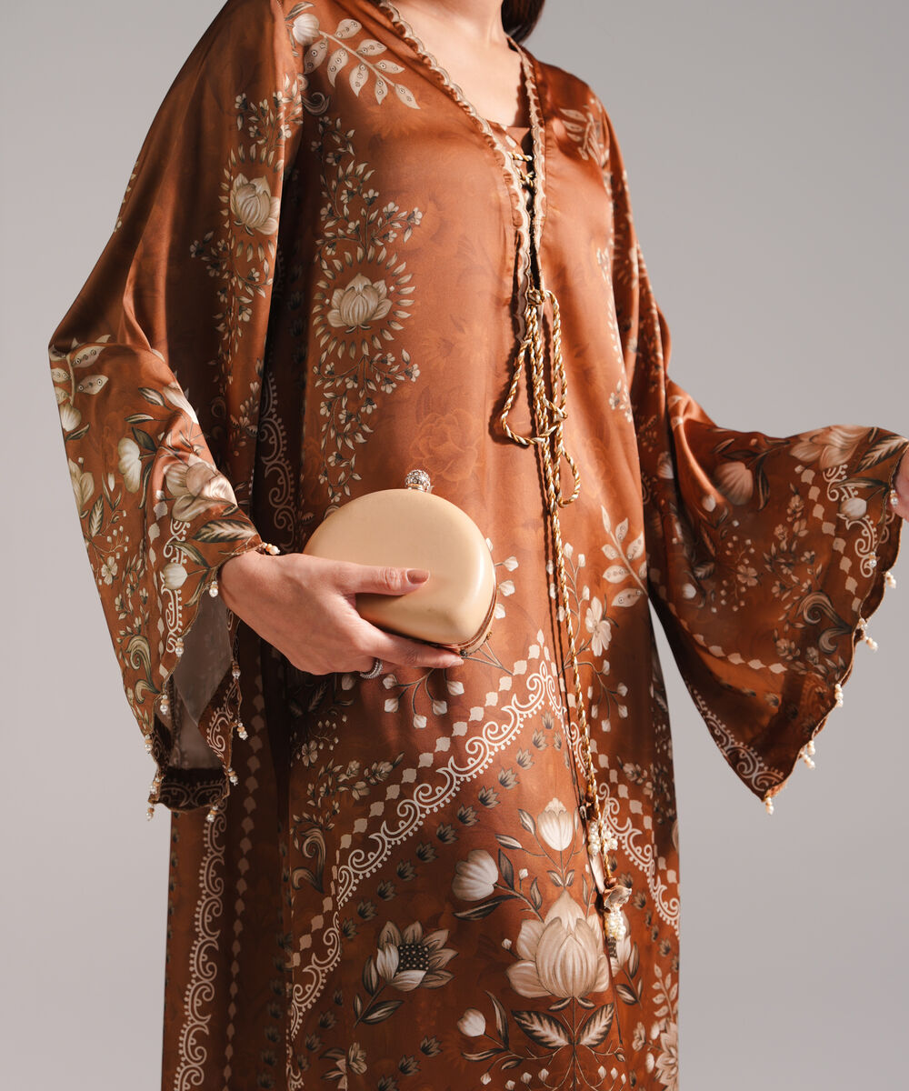 Women's RTW Blended Satin Printed Brown 2 Piece Suit