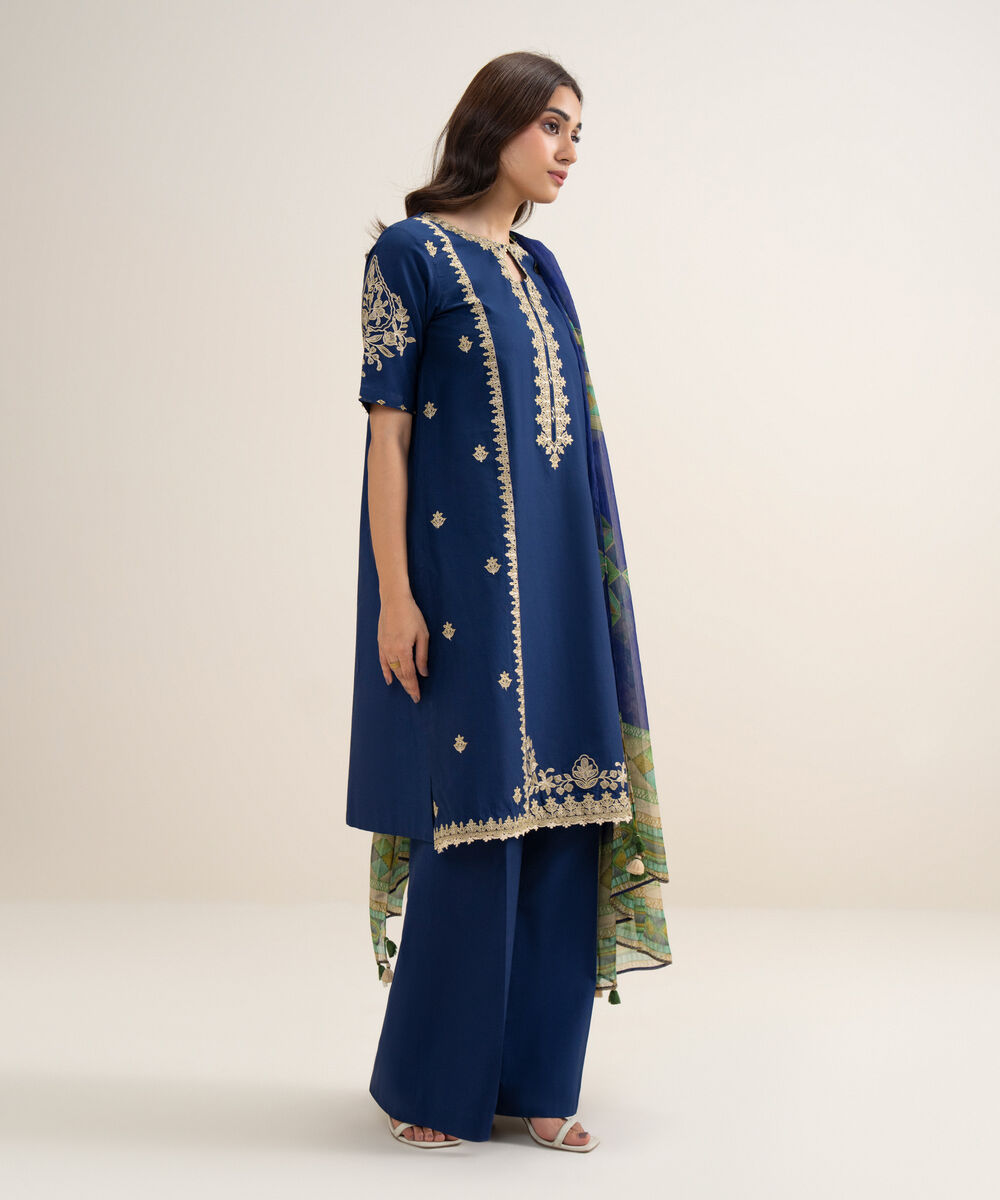 Women's Unstitched Lawn Embroidered Blue 3 Piece Suit