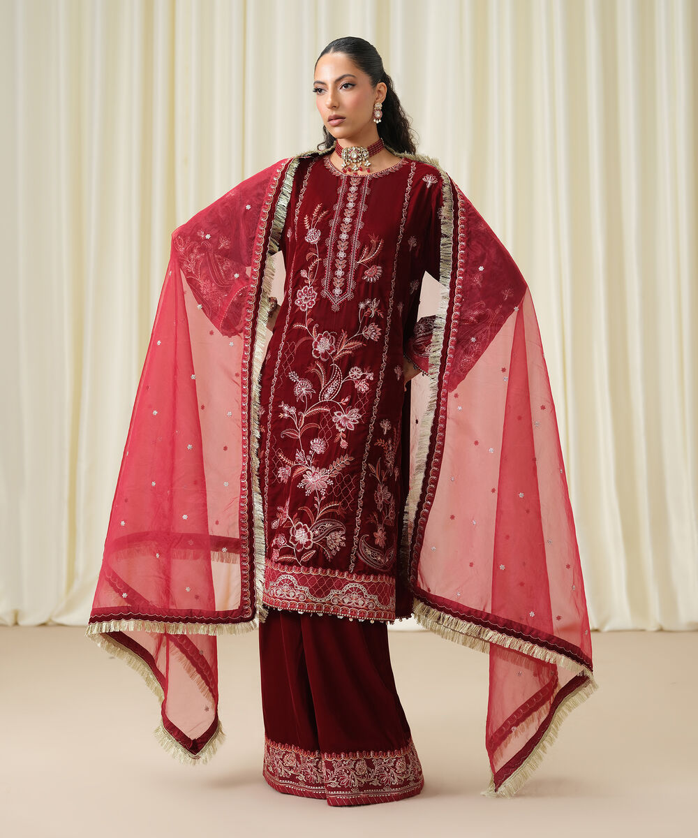 Women's Unstitched Embroidered Velvet Maroon 3 Piece Suit