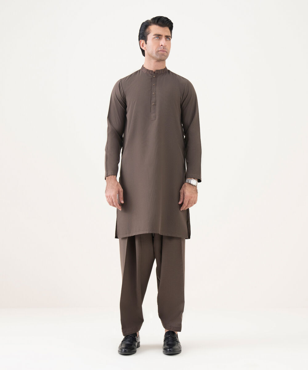 Men's Viscose Embroidered Brown Kurta Shalwar