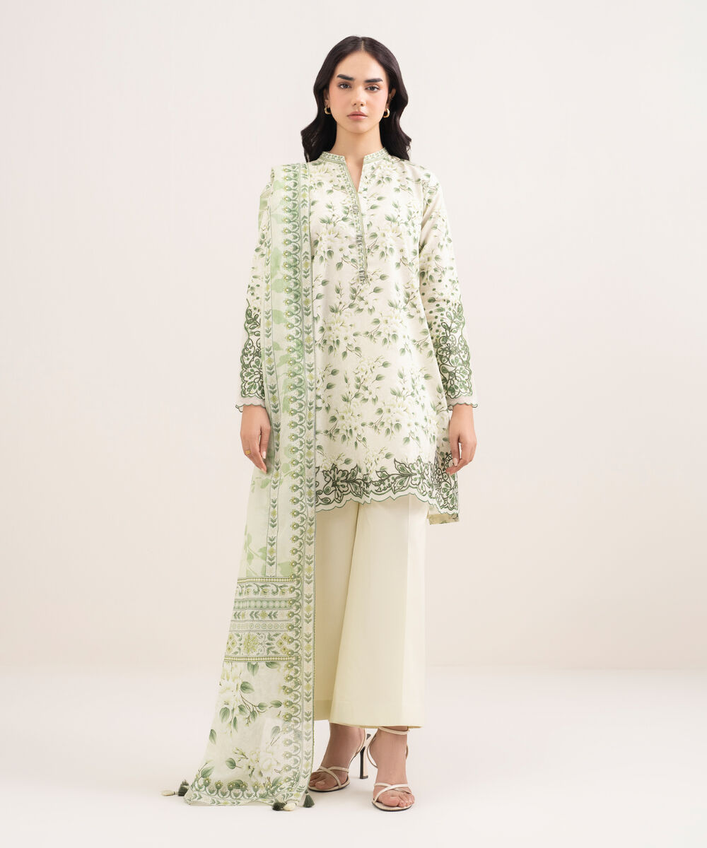 Women's Unstitched Zari Lawn Embroidered Off White 3 Piece Suit