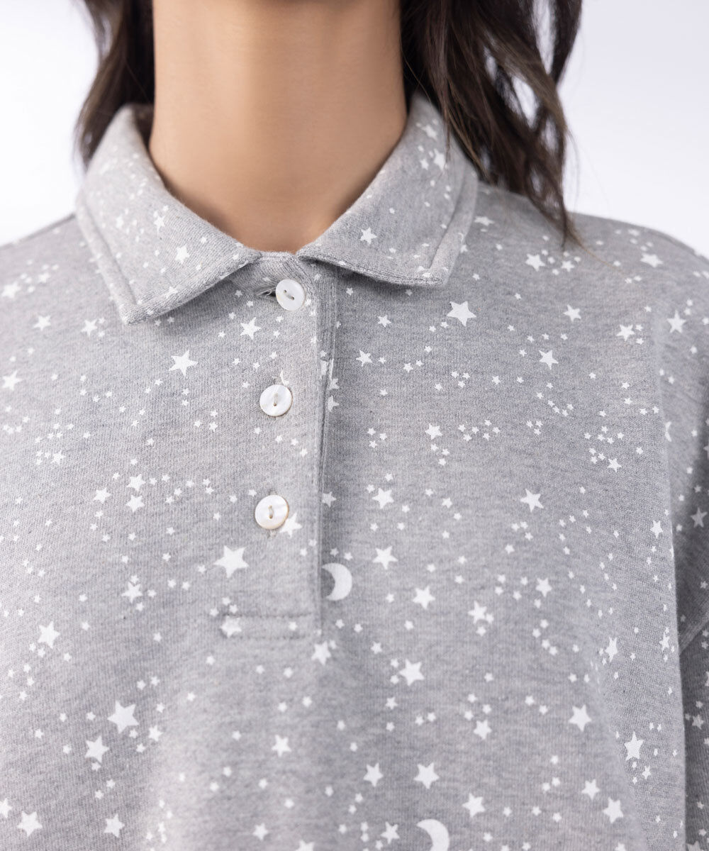 Woman - Grey Printed Henley Shirt