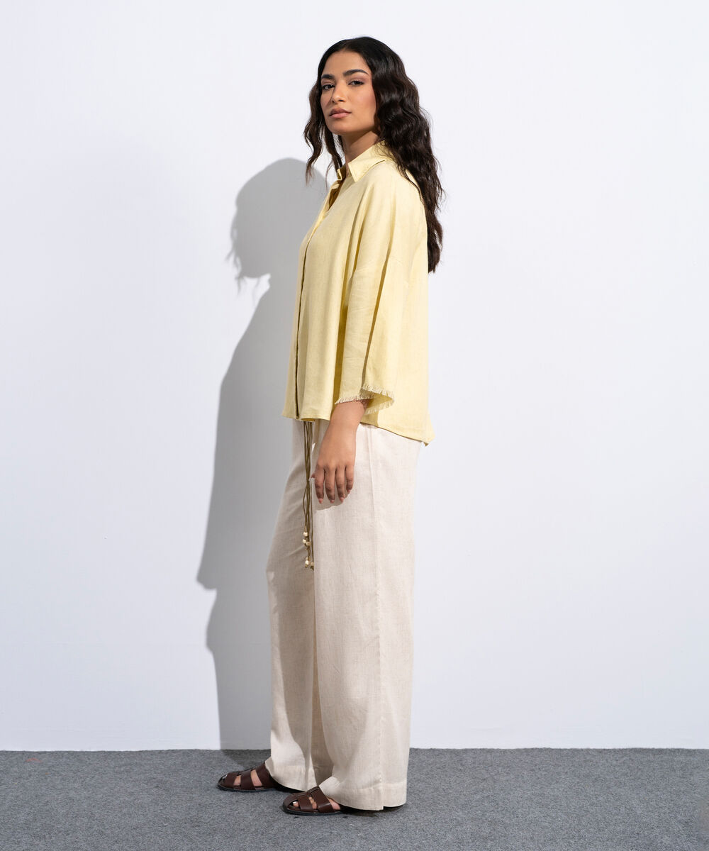 Women's Butter Yellow Linen Blend V-Neck Top