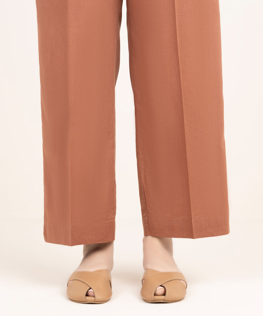 Women's RTW Cotton Viscose Solid Brown Straight Pants