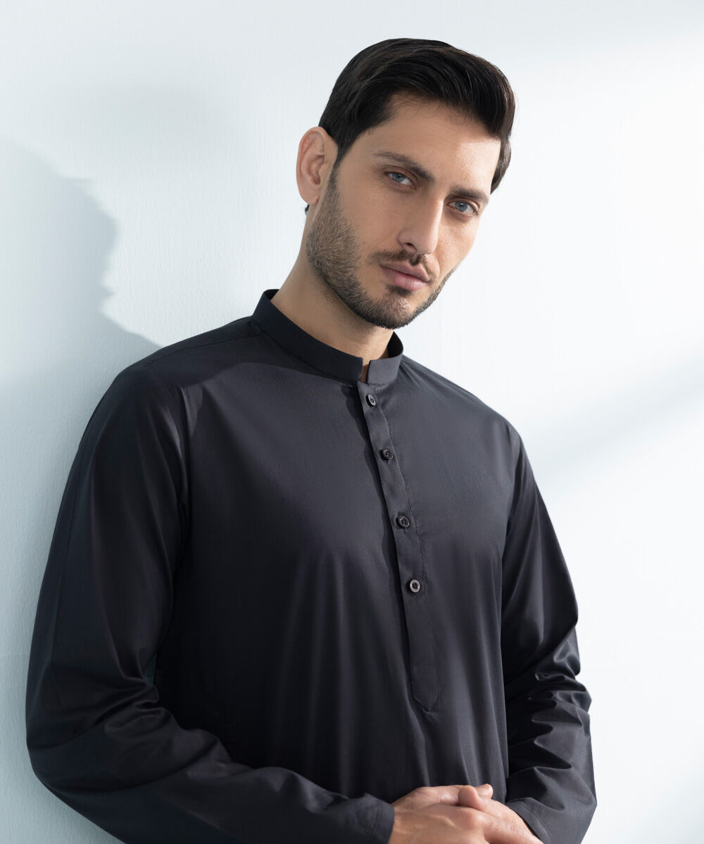 Men's Stitched Black Cotton 2 PC Suit