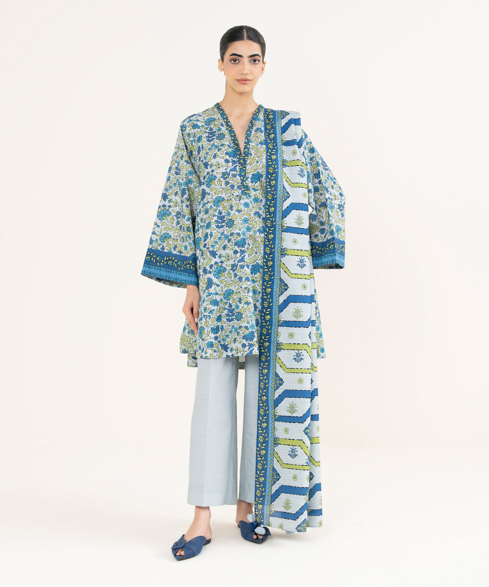 Women's Unstitched Printed Khaddar Blue 3 Piece Suit