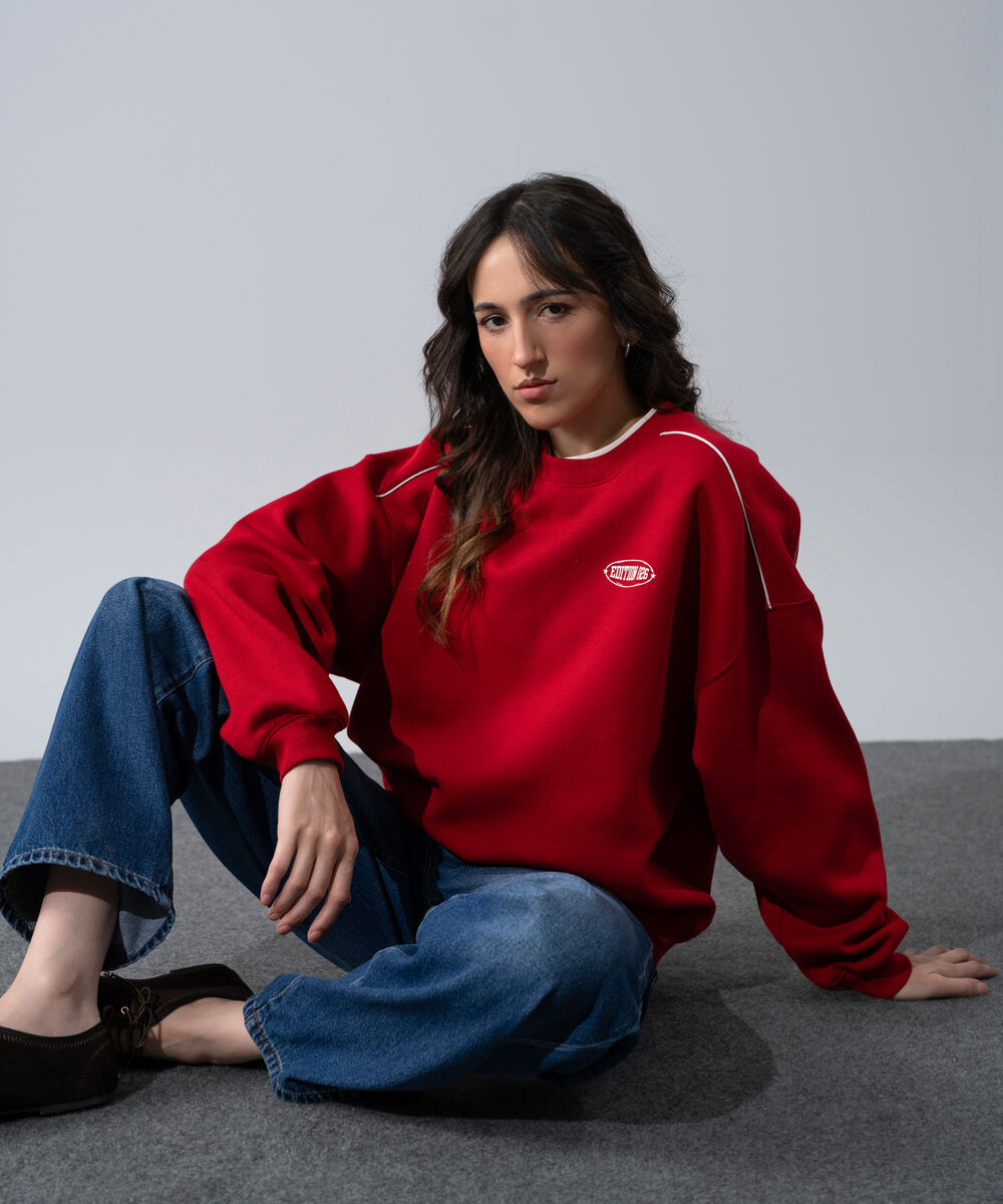 Women's Western Wear Red Oversized Fleeceback Graphic Sweatshirt