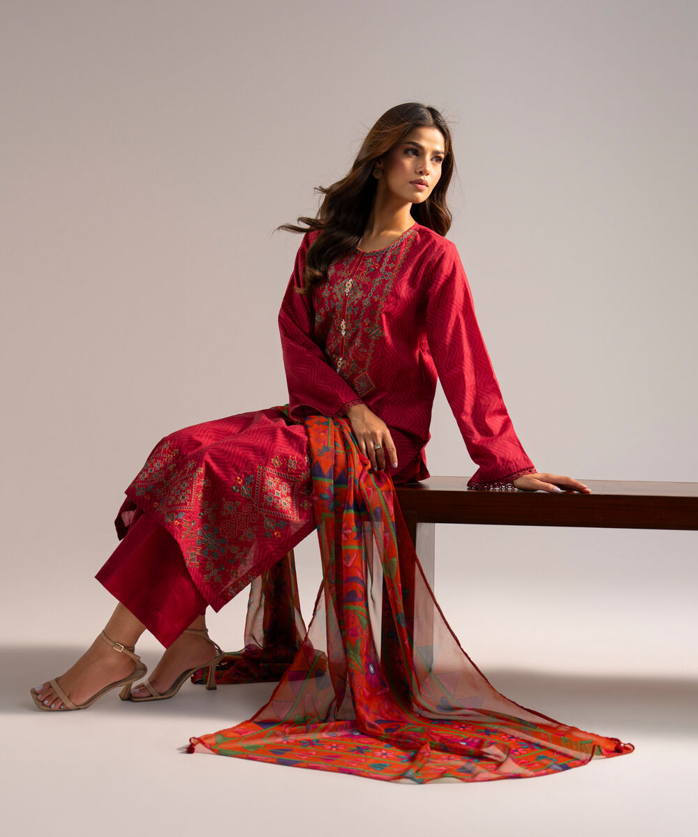 Women's RTW Self Jacquard Embroidered Dark Pink 3 Piece Suit