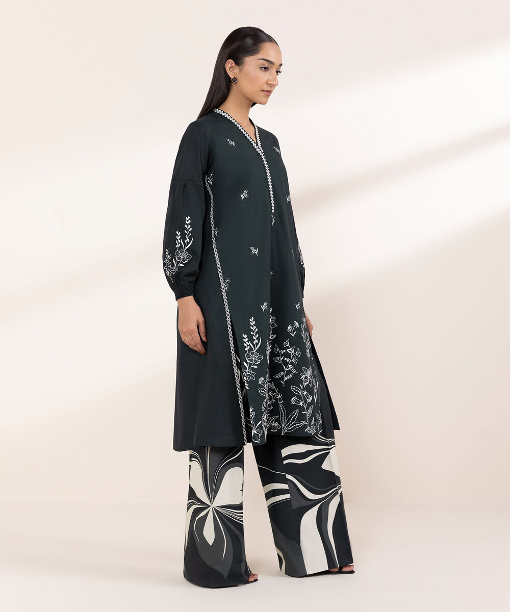 Women's Unstitched Cotton Embroidered Black 2 Piece Suit