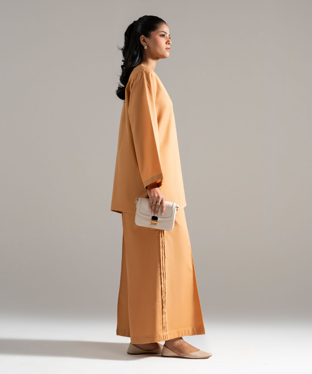 Women's RTW Cotton Linen Solid Orange 2 Piece Suit