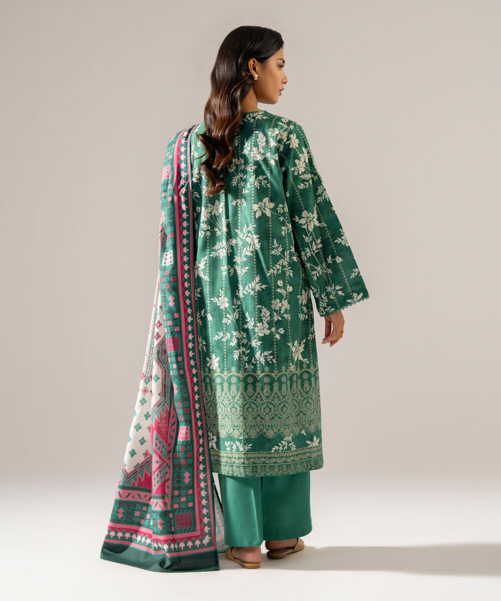 Women's RTW Khaddar Printed Green 3 Piece Suit