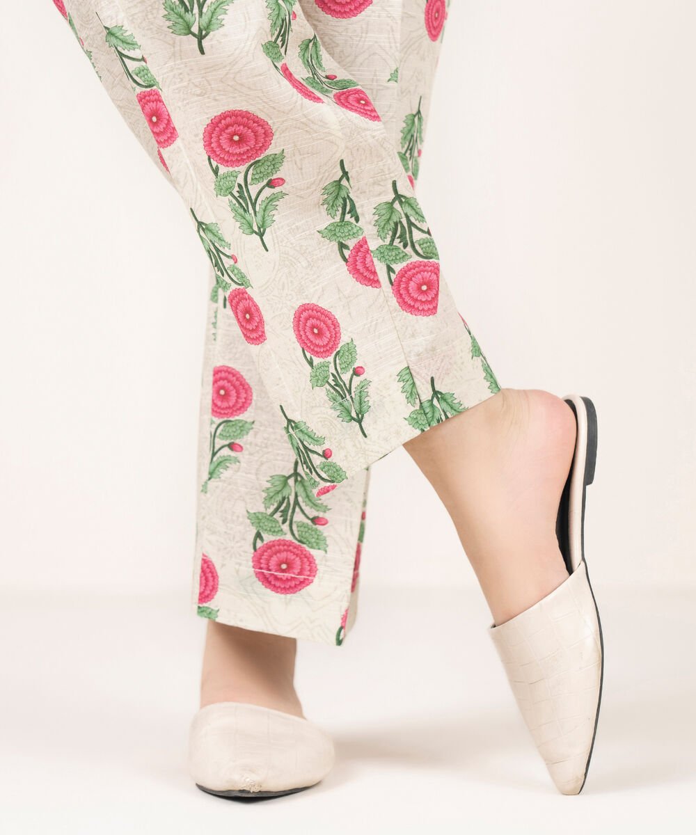 Women's RTW Light Khaddar Printed Off White Straight Pants