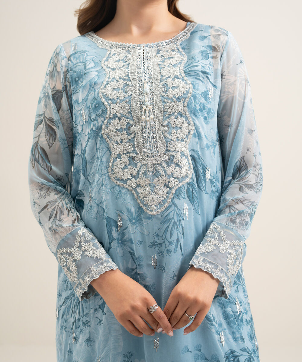 Women's RTW Blended Chiffon Embroidered Blue 2 Piece Suit