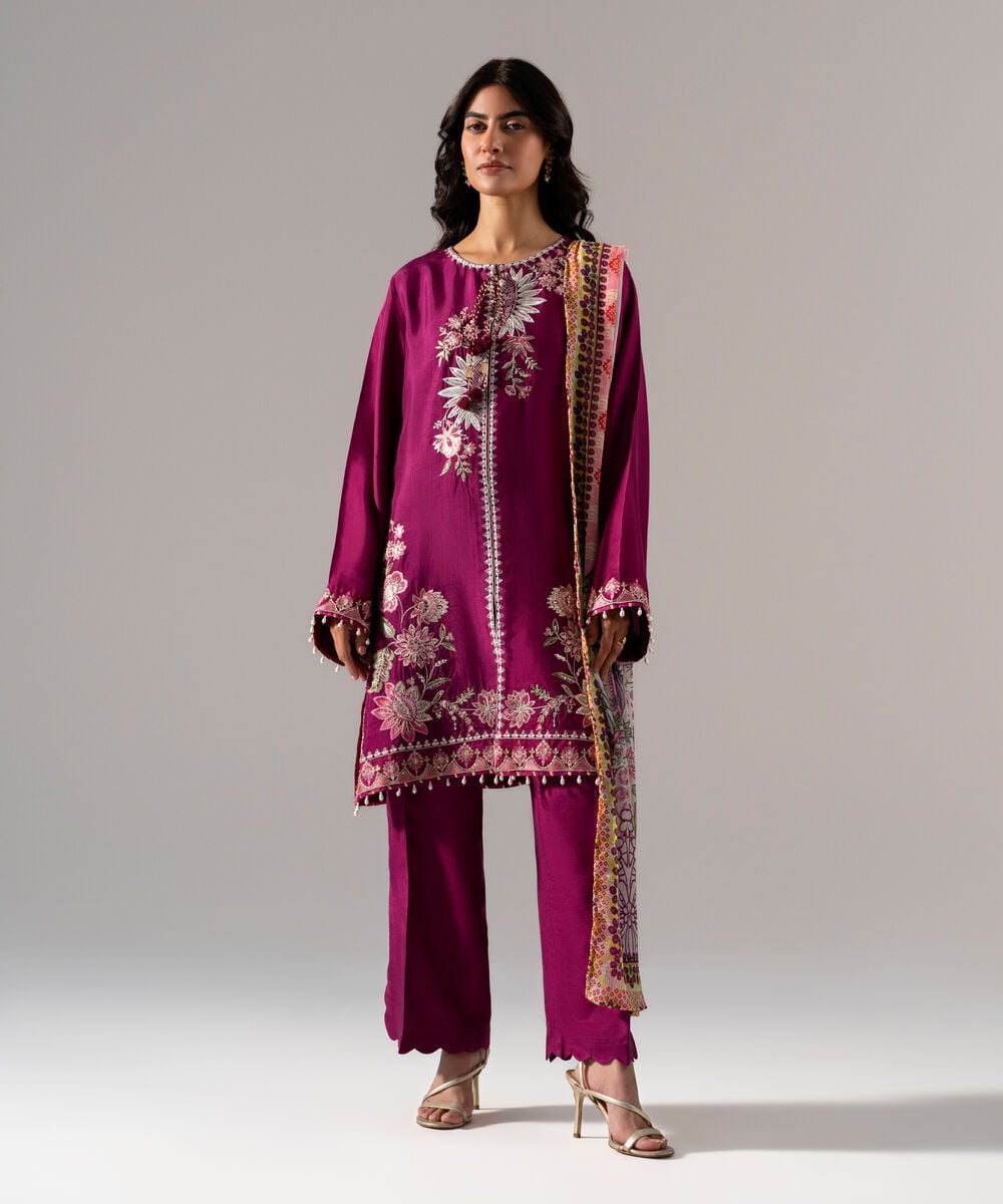 Women's RTW Solid Embroidered Plum Bright Raw Silk 3 Piece Suit