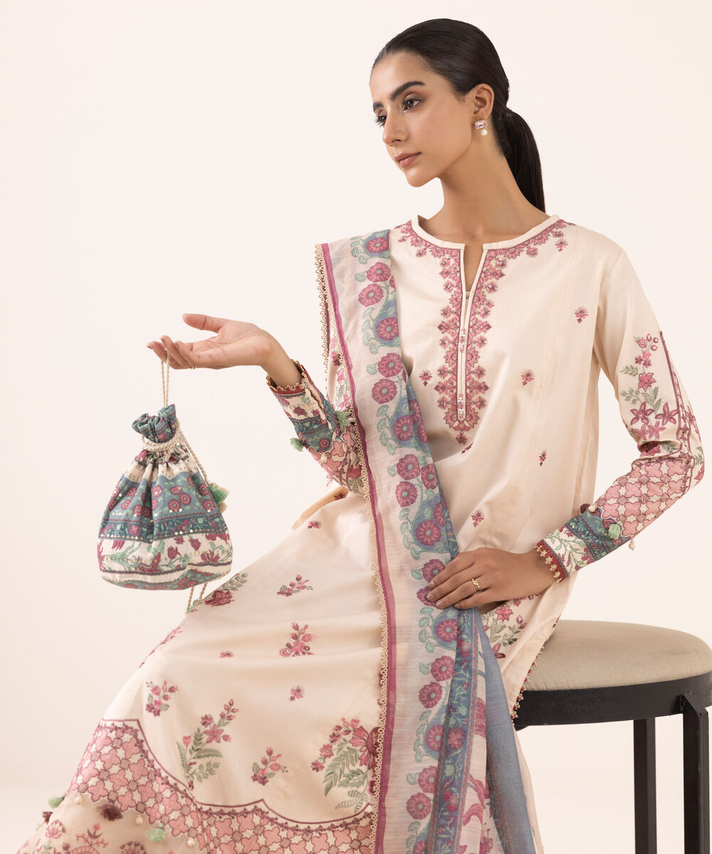 Women's Unstitched Light Cotton Satin Dyed Three Piece Suit