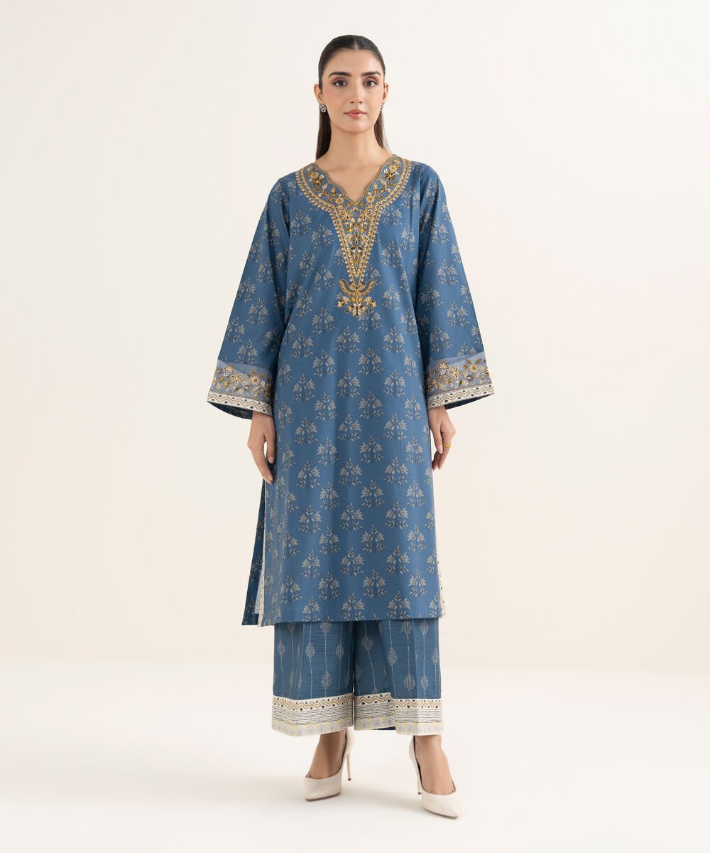 Women's RTW Arabic Khaddar Embroidered Blue Shirt