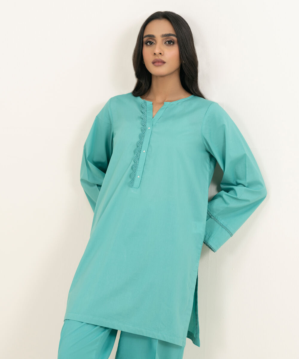 Women's RTW Cambric Solid Blue Straight Shirt