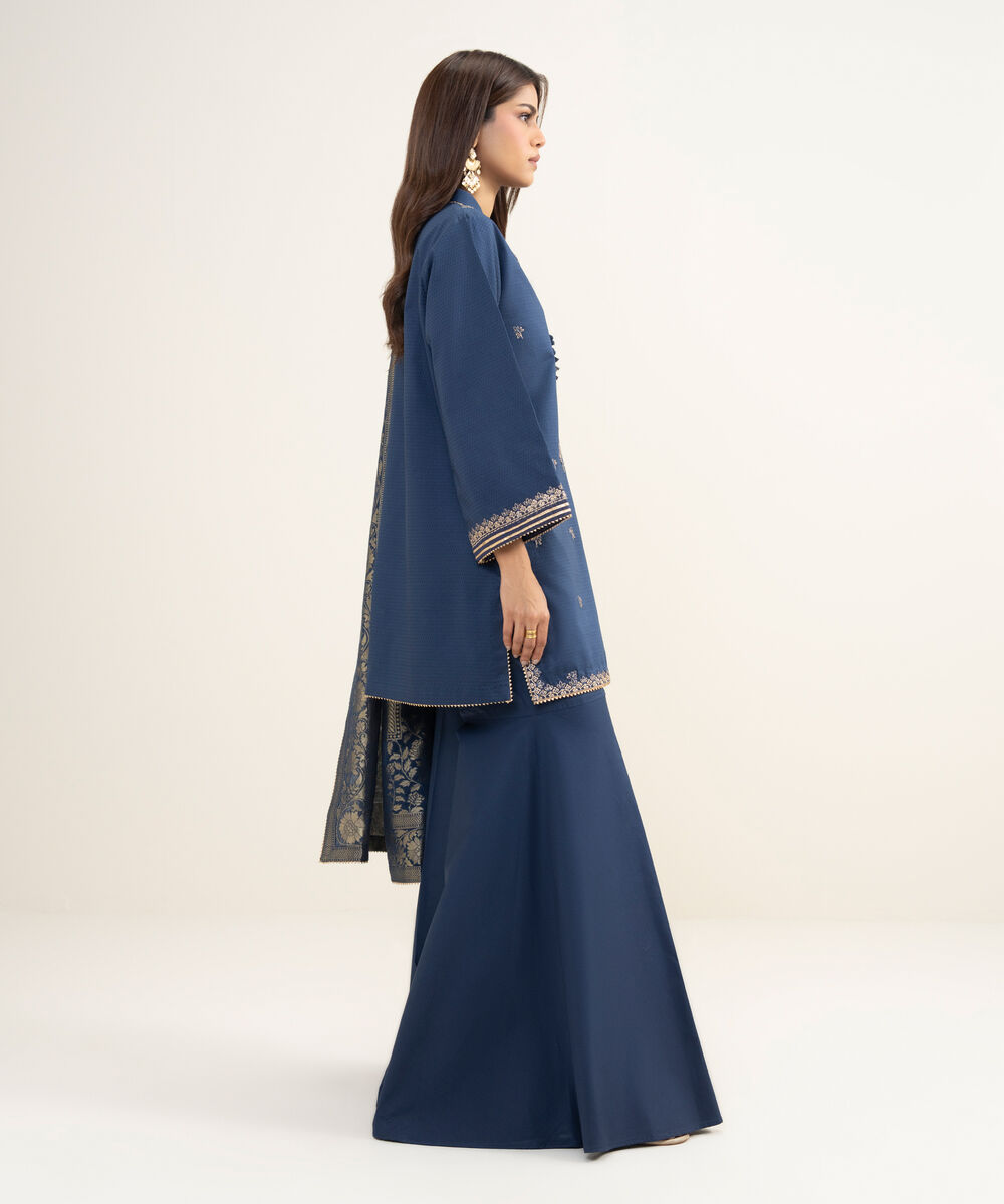 Women's Unstitched Dobby Embroidered Blue 3 Piece Suit