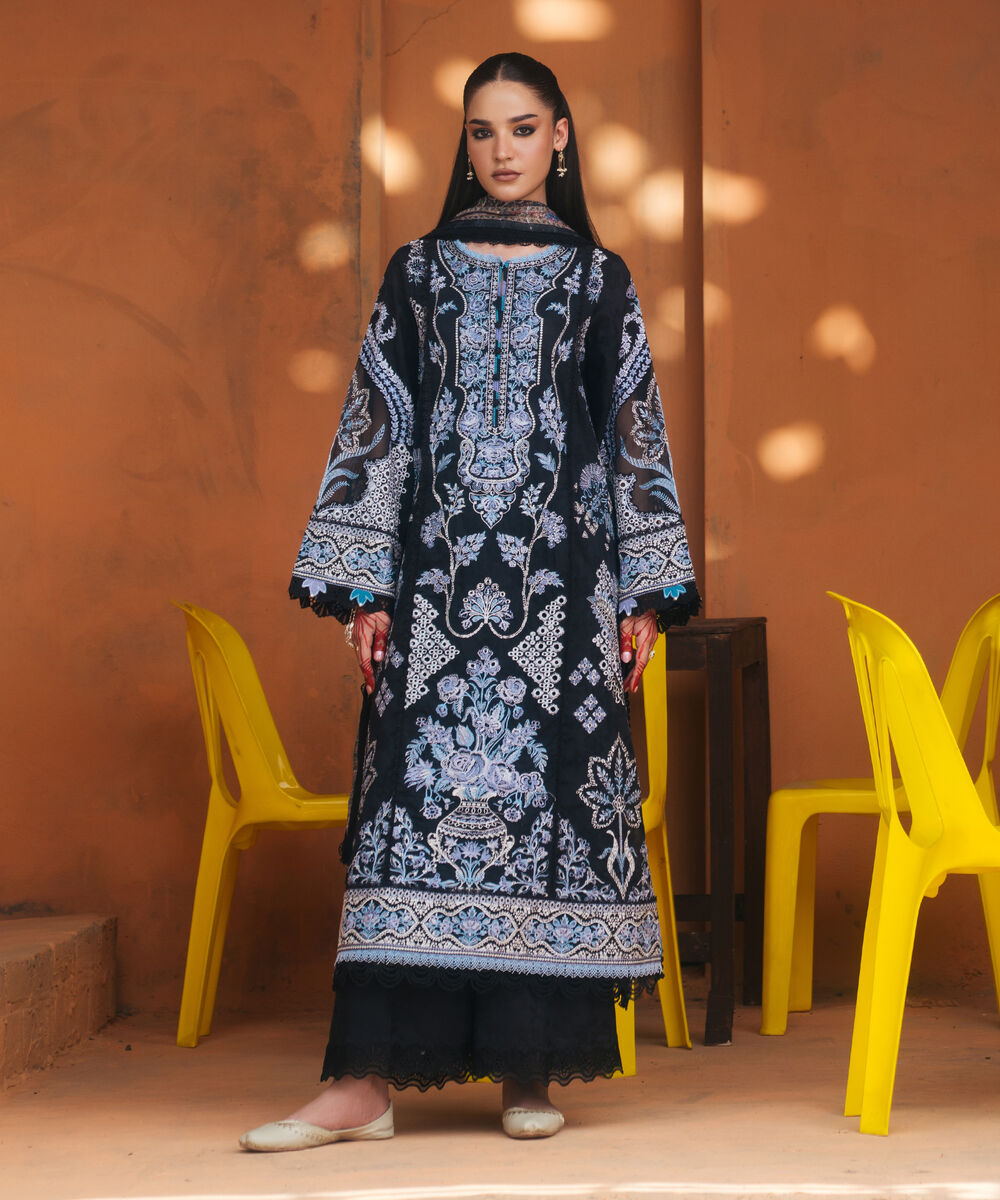 Women's RTW Self Jacquard Embroidered Black 3 Piece Suit