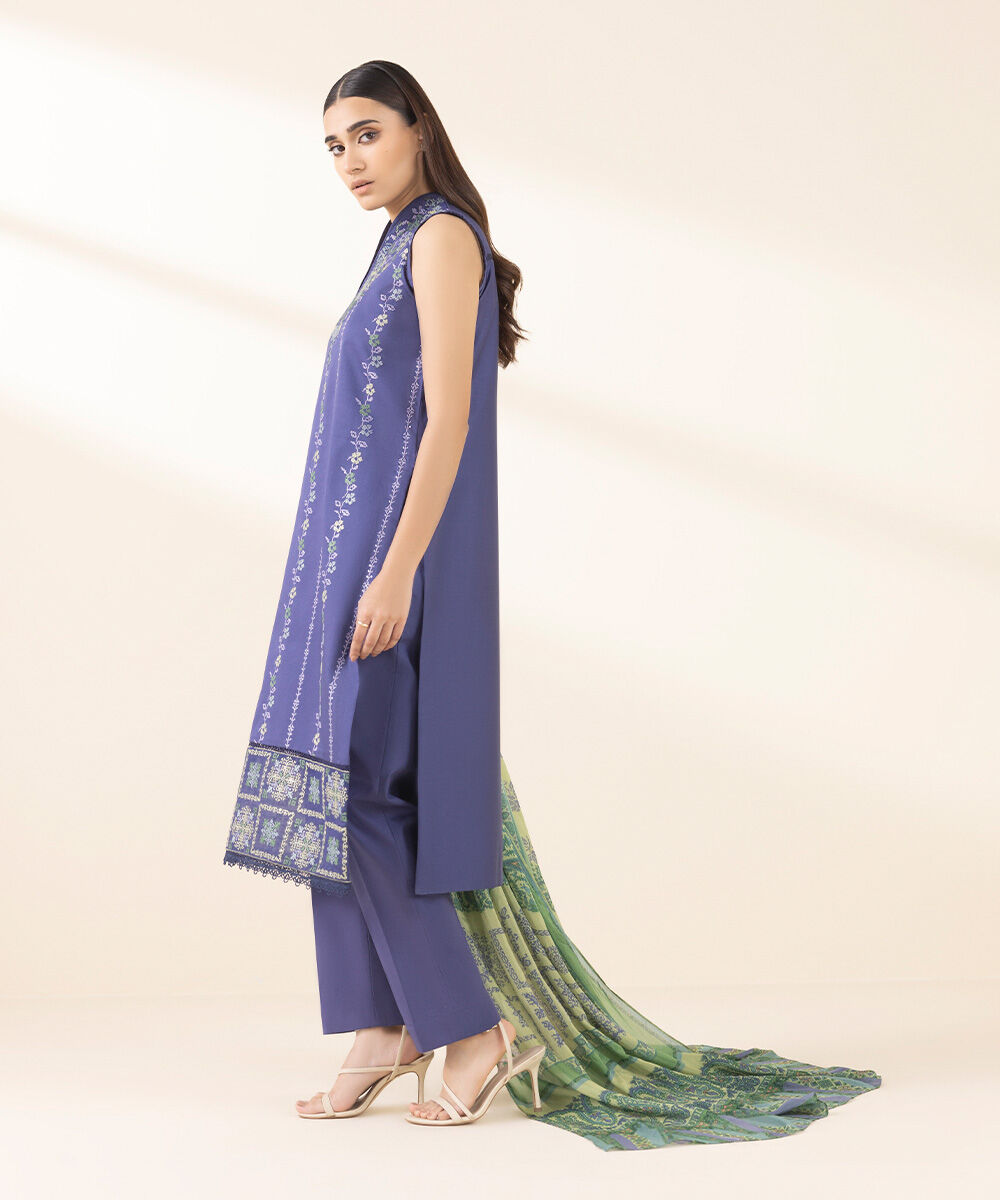 Unstitched Women's Embroidered Fine Cotton Satin Blue Three Piece Suit