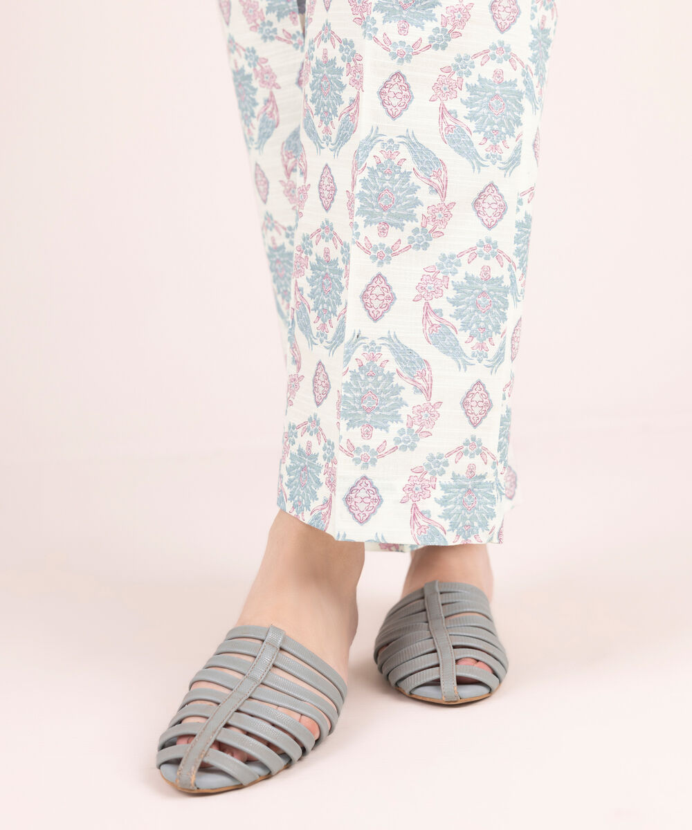 Women's RTW Khaddar Printed White Straight Pants