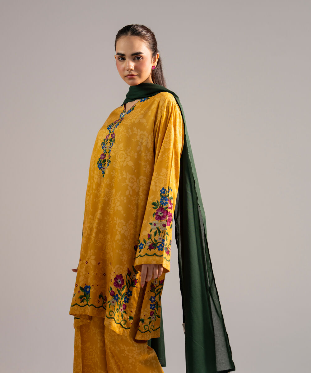 Women's RTW Arabic Lawn Printed Mustard Yellow 3 Piece Suit