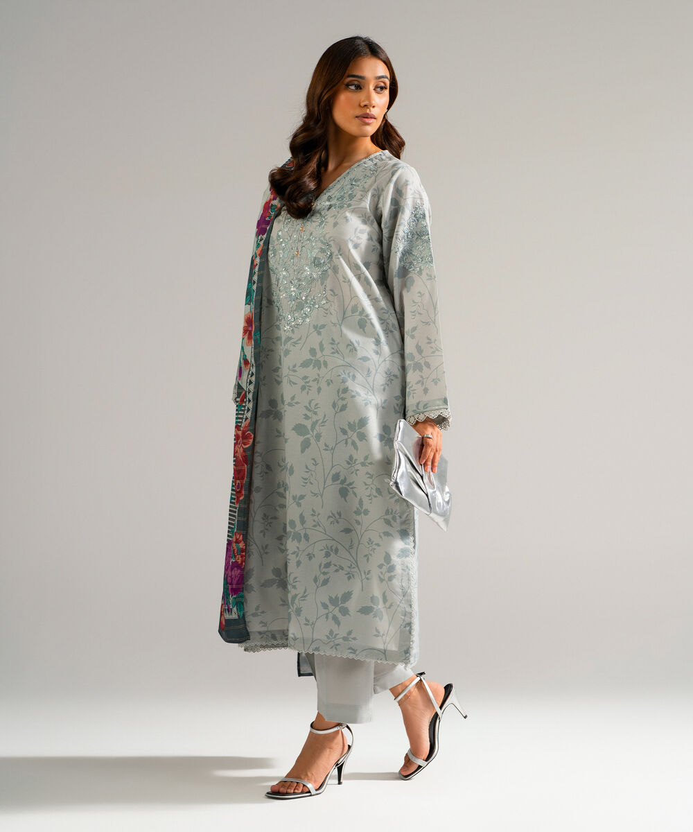 Women's RTW Zari Lawn Embroidered Grey 3 Piece Suit