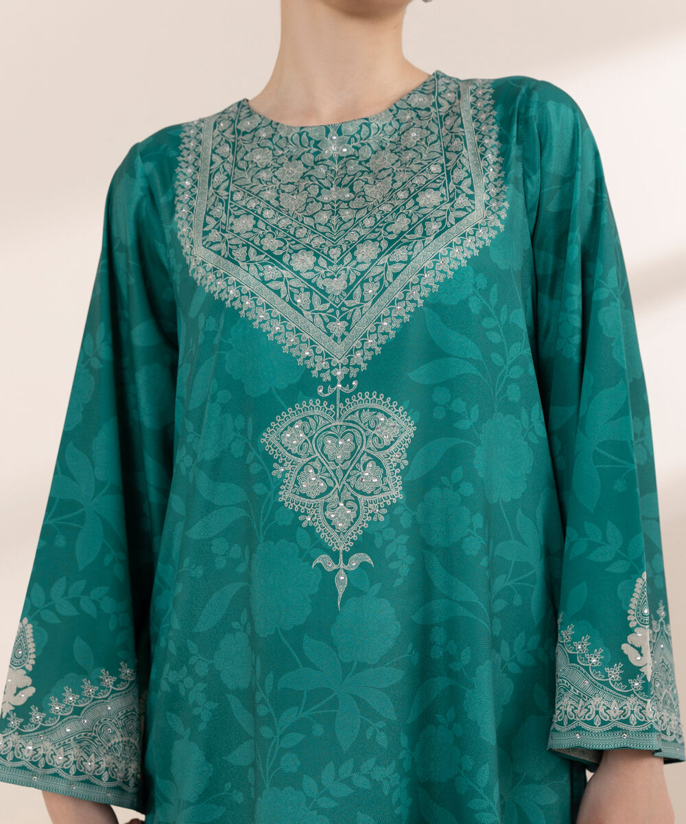 Women's RTW Blended Grip Green Printed Three Piece Suit