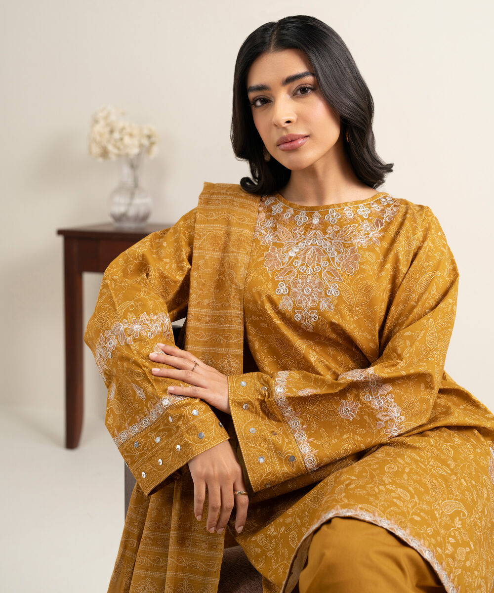 Women's Unstitched Lawn Embroidered Yellow 3 Piece Suit