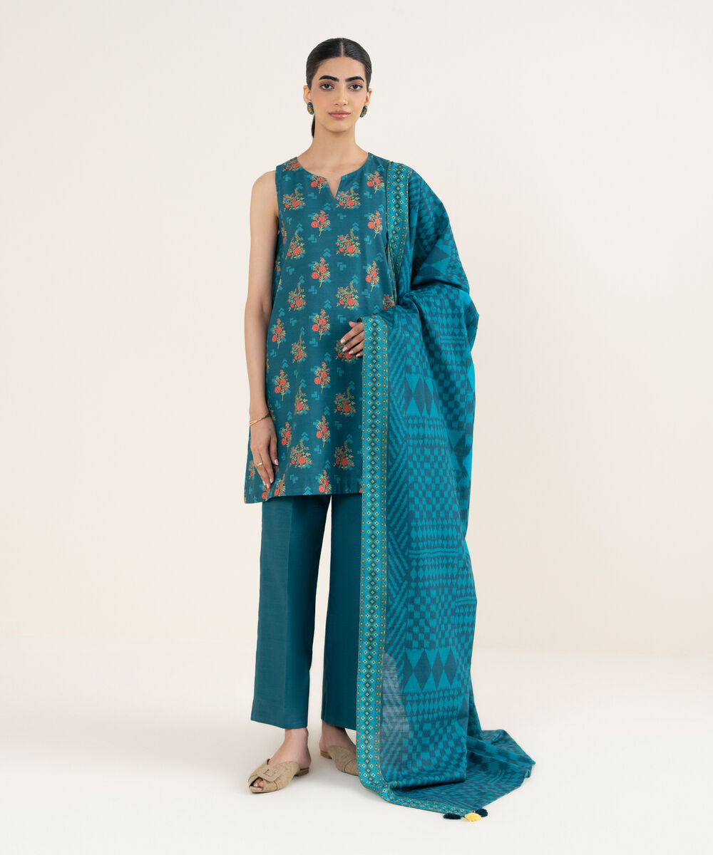 Women's Unstitched Printed Khaddar Teal 3 Piece Suit