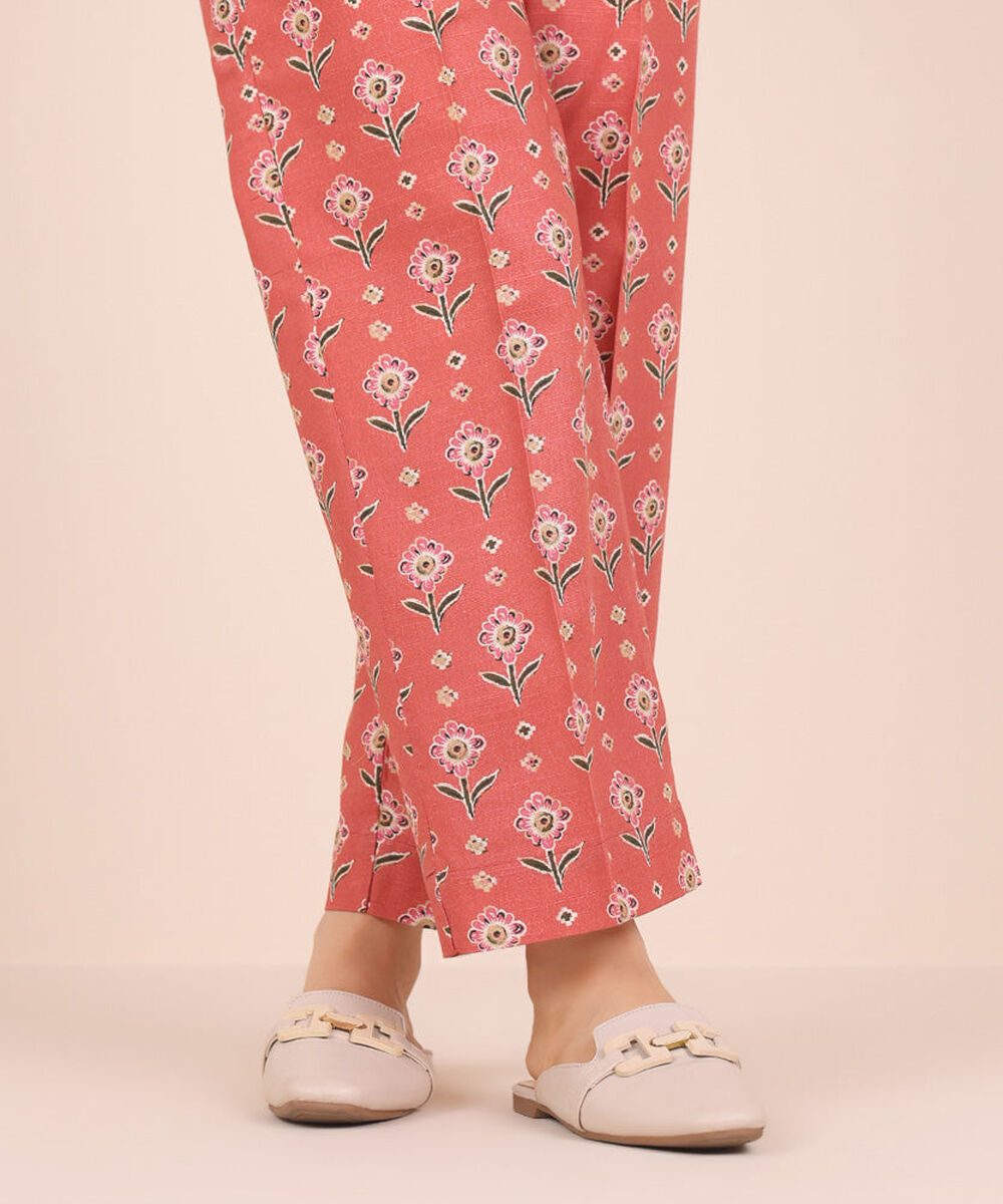 Women's Pret Printed Coral Pink Light Khaddar Straight Trousers