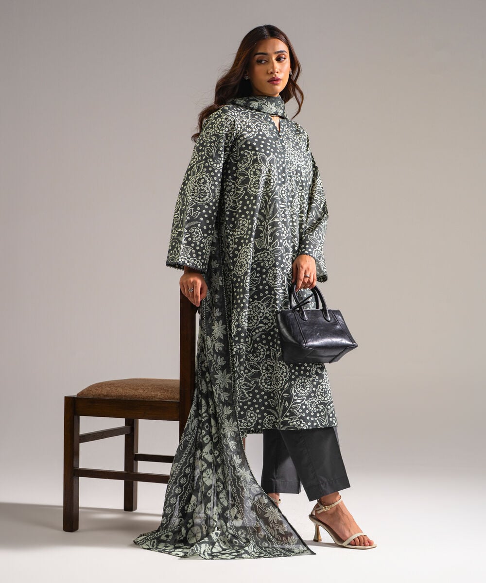 Women's RTW Lawn Printed Grey 3 Piece Suit