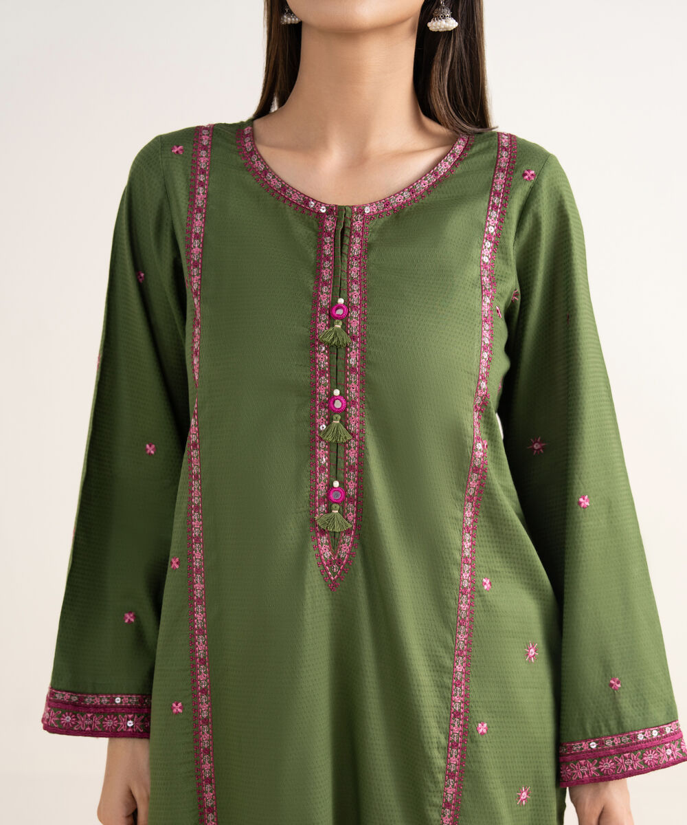 Women's RTW Textured Cotton Green Embroidered A-Line Shirt