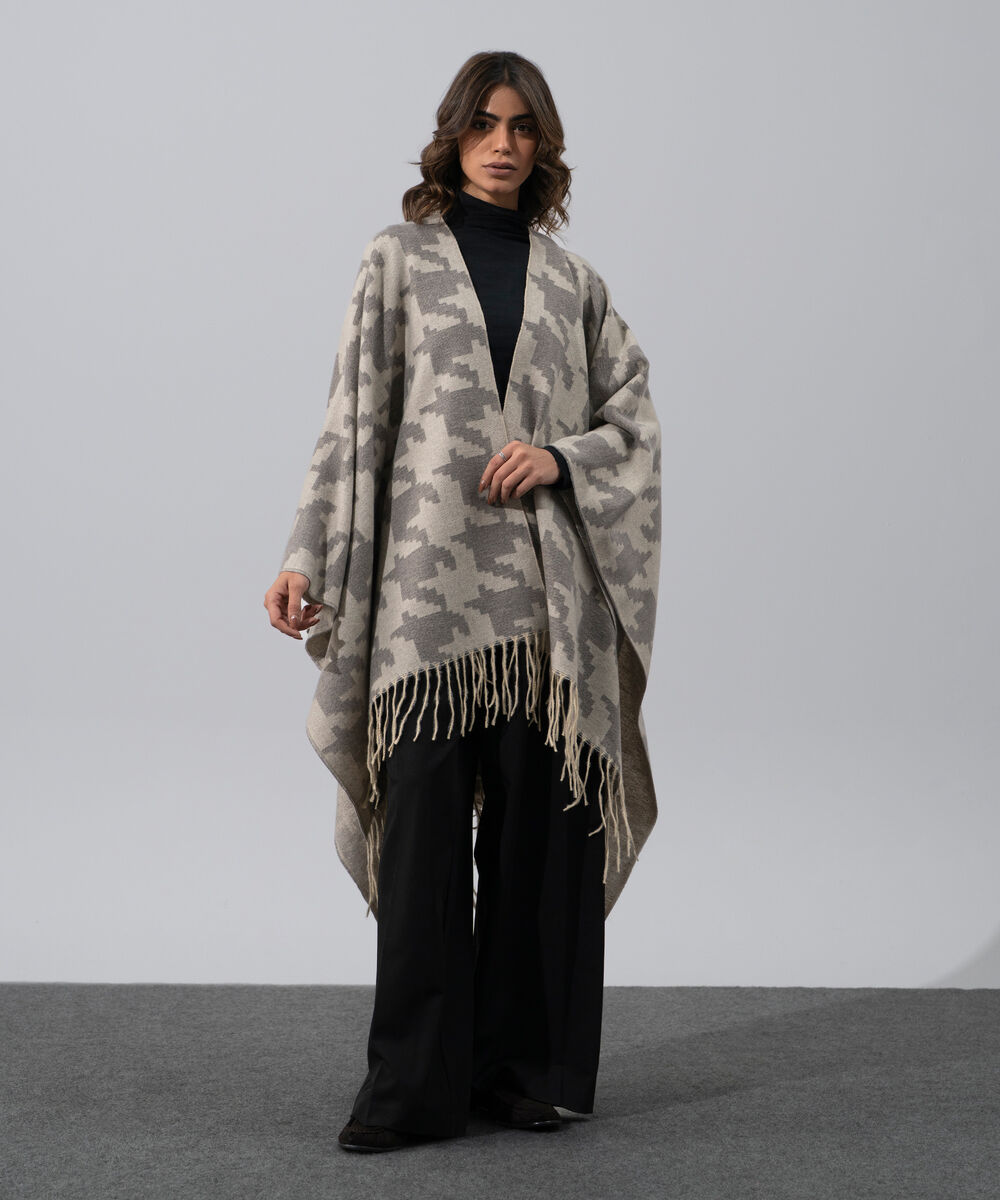 Women's Western Wear Beige Polyester Houndstooth Cape Shawl