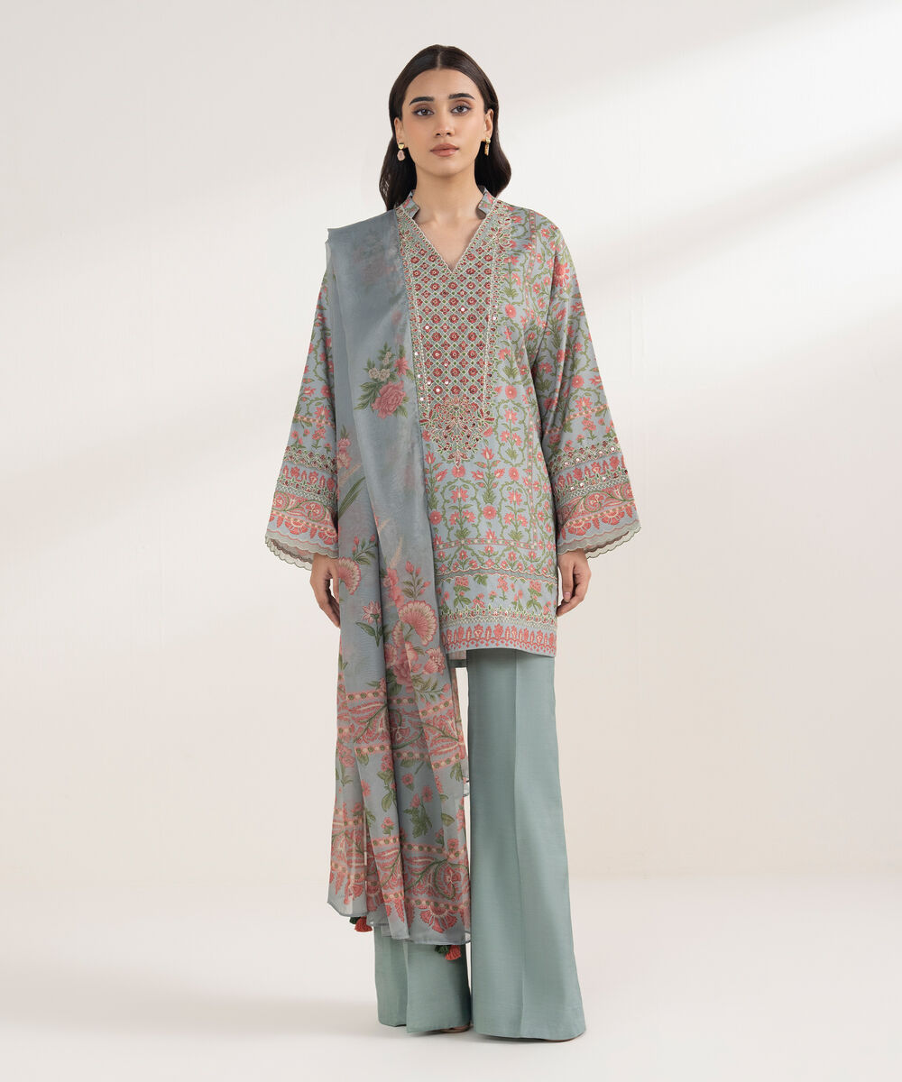 Women's Unstitched Blended Grip Silk Printed Blue 3 Piece Suit