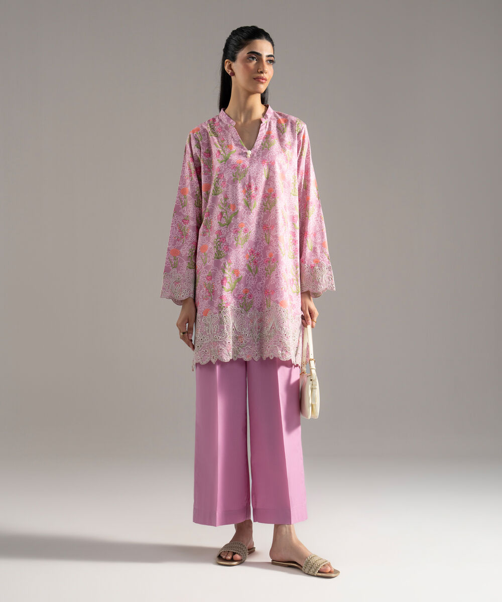 Women's RTW Cotton Viscose Printed Embroidered Purple 2 Piece Suit