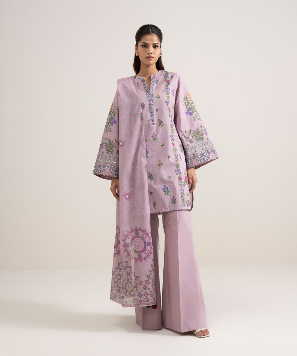 Women's Unstitched Lawn Printed Light Purple 3 Piece Suit