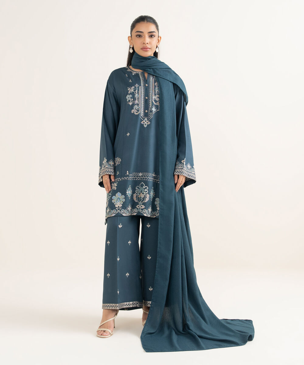 Women's RTW Viscose Marina Embroidered Teal Straight Shirt