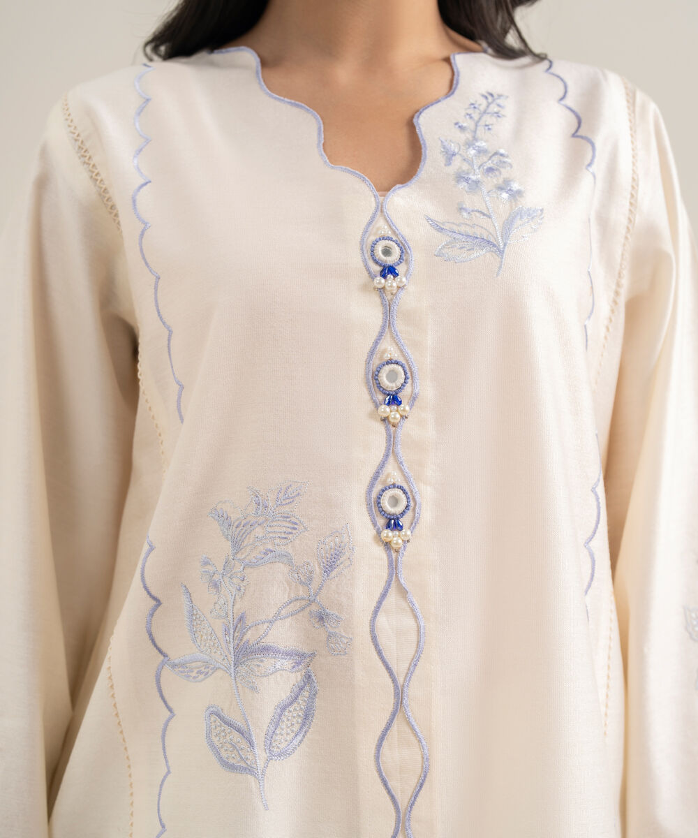 Women's RTW Silk Cotton Net Embroidered Off White 2 Piece Suit