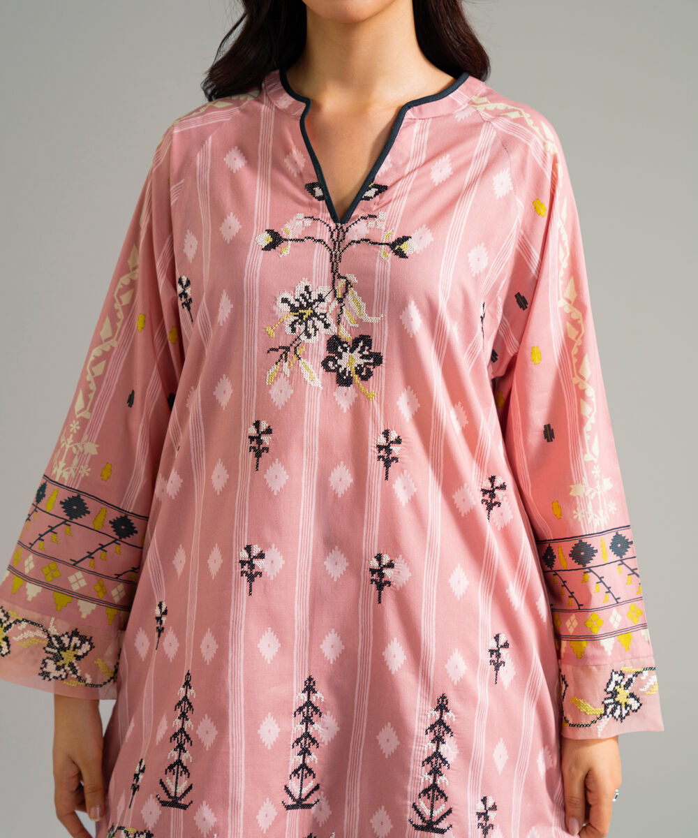 Women's RTW Lawn Embroidered Pink Straight Shirt