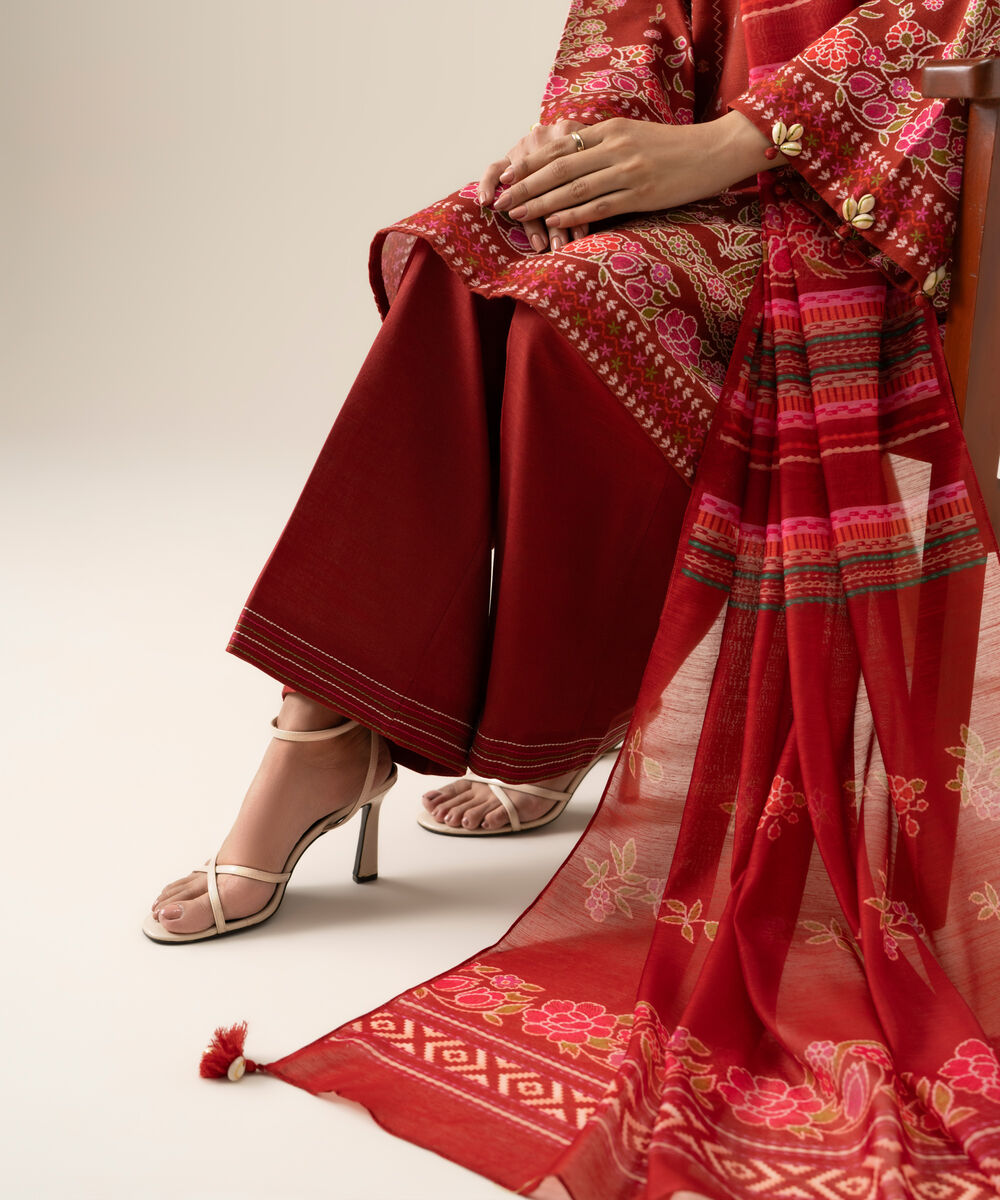 Women's Unstitched Light Khaddar Printed Red 3 Piece Suit
