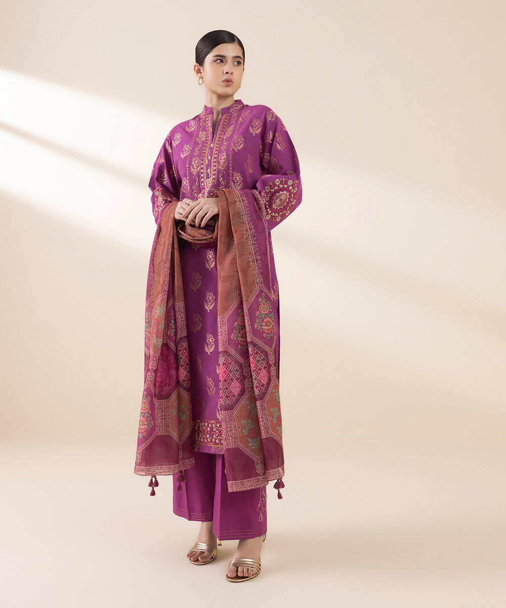 Unstitched Women's Embroidered Extra Weft Jacquard Pink Three Piece Suit